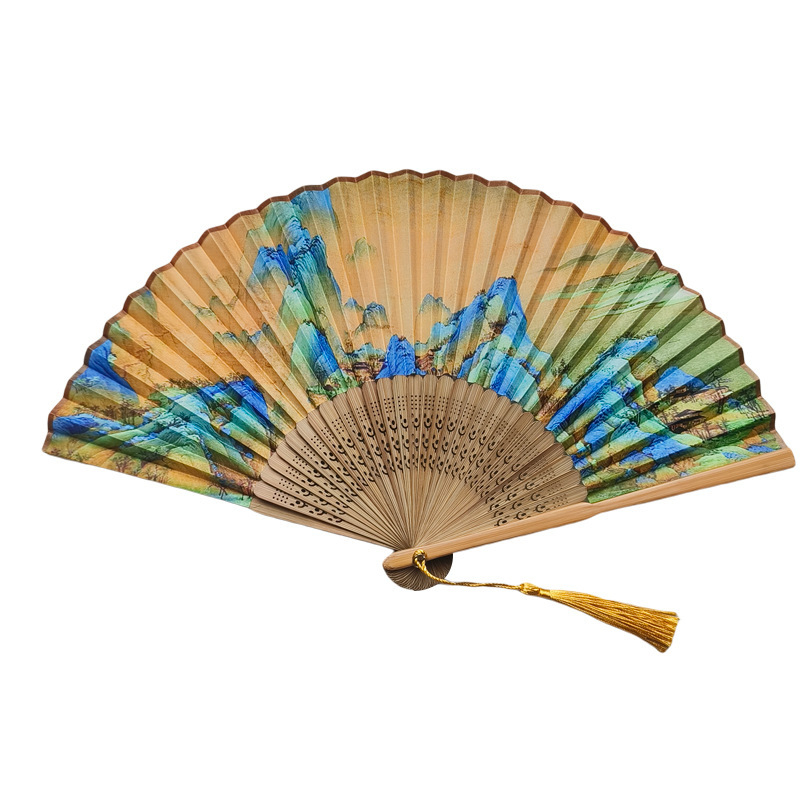 Laos Hiina stiilis väike lehvik hulgimüügist siidist imitatsiooniga roheline 6-tolline väike meeste lehvik nartsissiõie ja luuga siidist lehvik