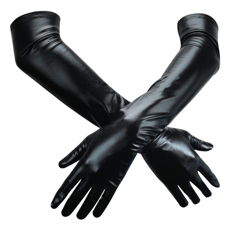 Seksualios, lakuotos odos imitacijos ilgos pirštinės, kostiumų aksesuarai, tamprios, mados scenos pasirodymo, ryškios odos pirštinės.