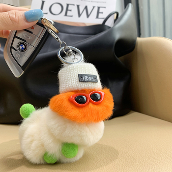Κρεμαστό μπρελόκ αυτοκινήτου με γούνα κουνελιού Rex, κρεμαστή αλυσίδα για ζευγάρια, κούκλα με γυαλιά, κοσμήματα με μπάλα μαλλιών