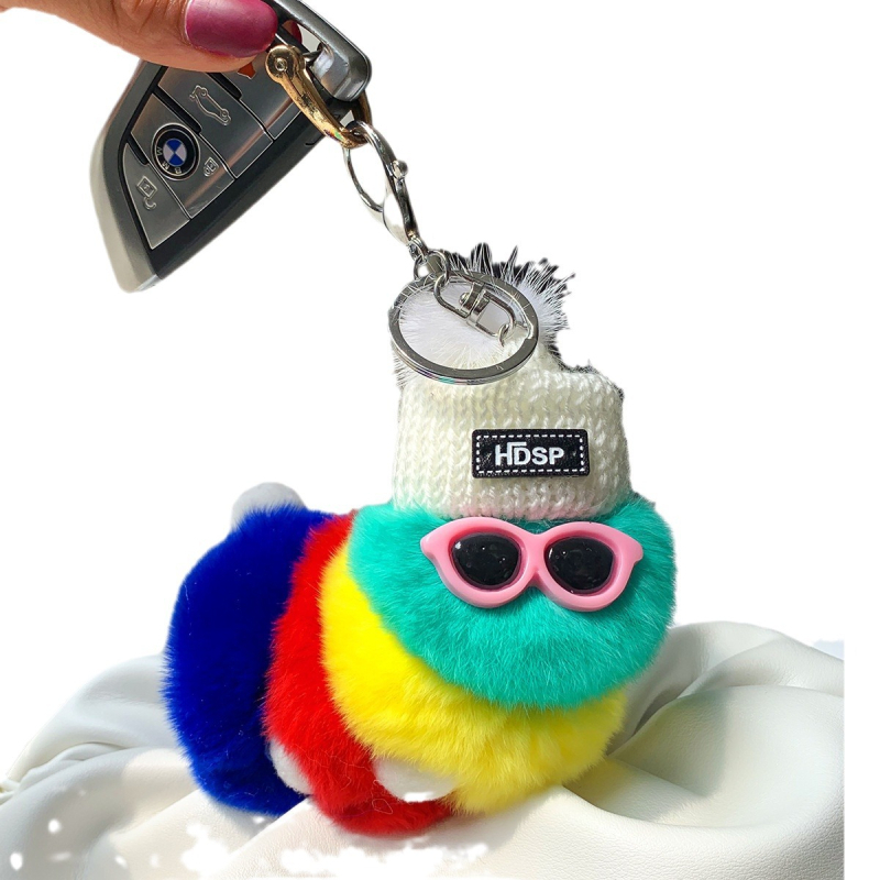 Rex nyúlszőrből készült hernyó medál autós kulcstartóhoz, függőlánc páros baba medál szemüveggel, hajgolyó ékszer