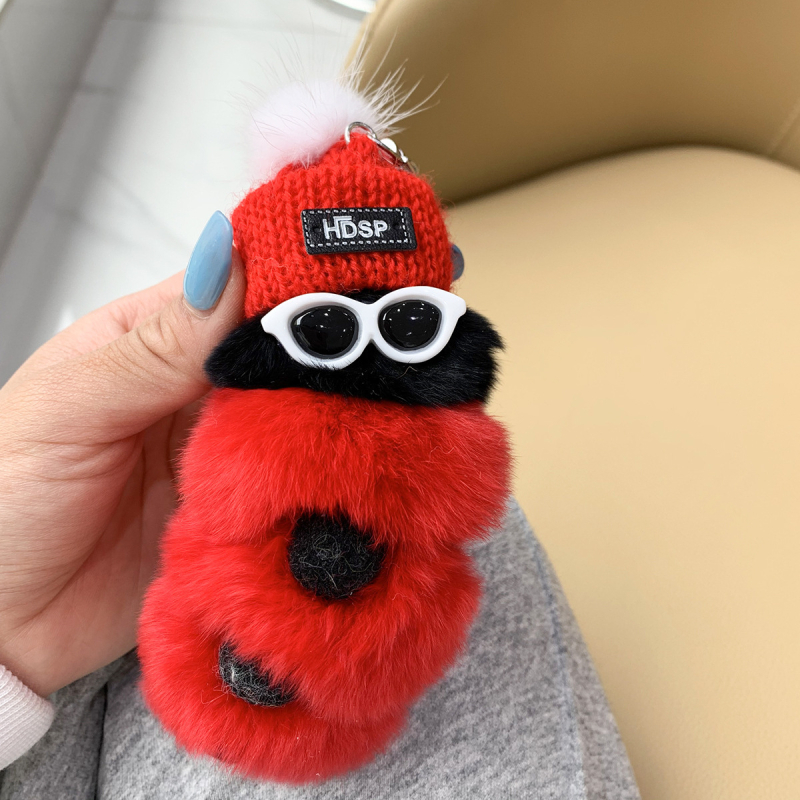 Rex nyúlszőrből készült hernyó medál autós kulcstartóhoz, függőlánc páros baba medál szemüveggel, hajgolyó ékszer