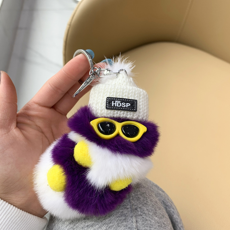 Rex nyúlszőrből készült hernyó medál autós kulcstartóhoz, függőlánc páros baba medál szemüveggel, hajgolyó ékszer