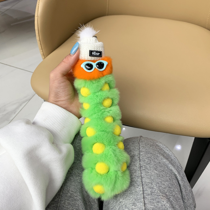 Rex nyúlszőrből készült hernyó medál autós kulcstartóhoz, függőlánc páros baba medál szemüveggel, hajgolyó ékszer