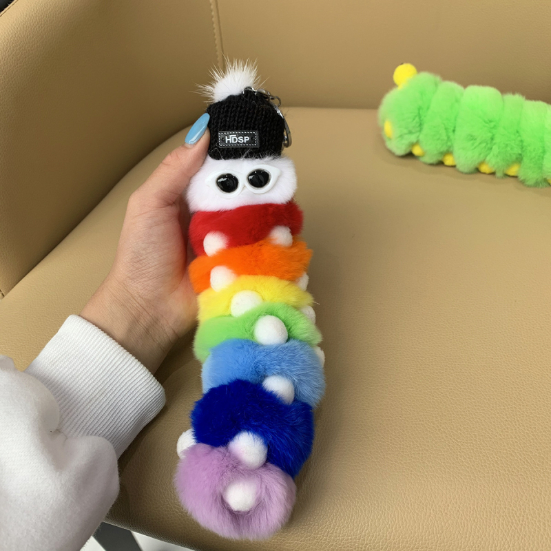 Rex nyúlszőrből készült hernyó medál autós kulcstartóhoz, függőlánc páros baba medál szemüveggel, hajgolyó ékszer