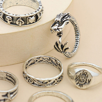 Σετ ευρωπαϊκών και αμερικανικών δαχτυλιδιών Νέο ρετρό δράκος ζάρια ροδάκινο καρδιά πουλί σκαλιστό αστέρι φεγγάρι σετ 6 τεμαχίων δαχτυλίδι αρθρώσεων