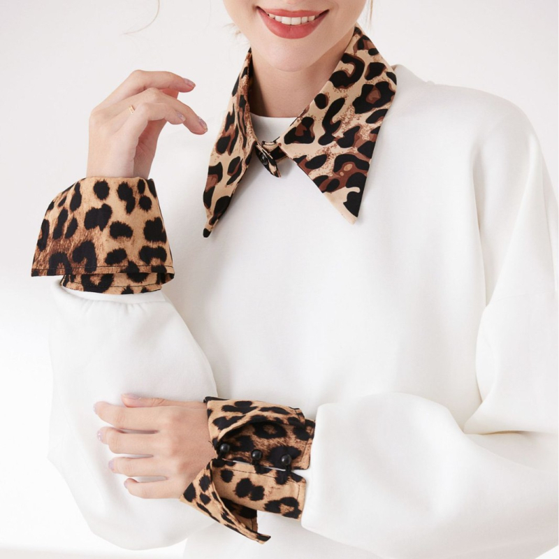 Piiriülene leopardimustriga terava kraega väike pükskraega sall käsitsi varrukatega ülikond moodne tipptasemel dekoratiivne võltssärkkrae hulgimüük