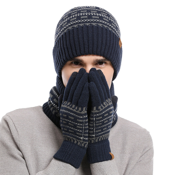 Kepurė, pirštinės, šalikas, trijų dalių komplektas, europietiškas ir amerikietiškas, rudens ir žiemos vyriškas šiltas vilnonis kepurės komplektas, megztas, sustorintas suaugusiems