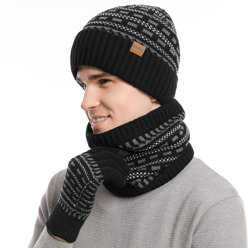Kepurė, pirštinės, šalikas, trijų dalių komplektas, europietiškas ir amerikietiškas, rudens ir žiemos vyriškas šiltas vilnonis kepurės komplektas, megztas, sustorintas suaugusiems