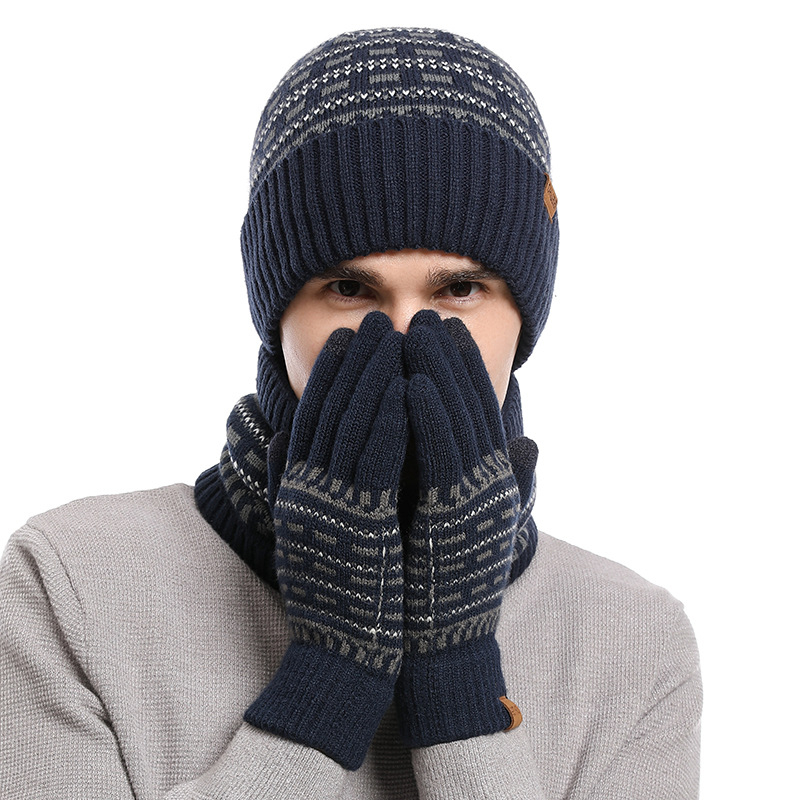Kepurė, pirštinės, šalikas, trijų dalių komplektas, europietiškas ir amerikietiškas, rudens ir žiemos vyriškas šiltas vilnonis kepurės komplektas, megztas, sustorintas suaugusiems