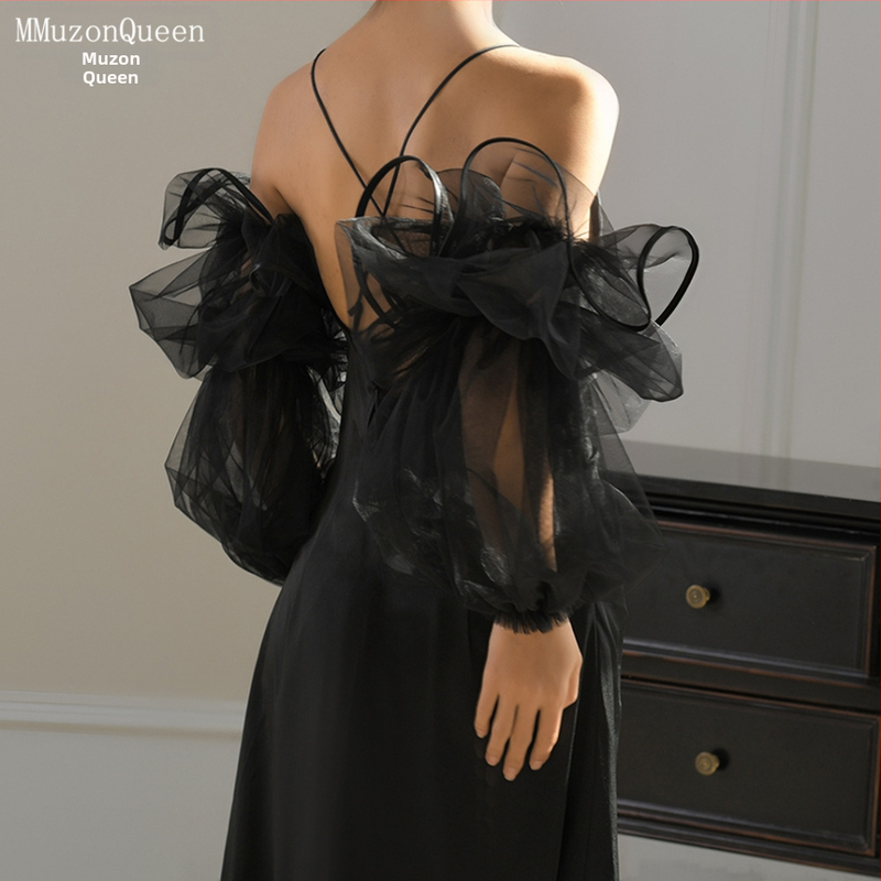 Manzhen Дълги черни сватбени ръкави Булчински сватбени ръкави Пухкав сатенен обвив с ръкави MM37