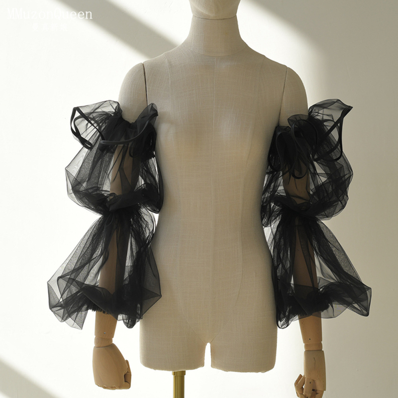 Manzhen pikad mustad pulmavarrukad, pruudi pulmavarrukad, kohev satiinist ümbris varrukatega, varrukad MM37