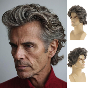 Piiriülene uus parukas Euroopa ja Ameerika meeste pruunikashall segavärvi lühikeste lokkis juustega peakate moodne meeste lühike parukas hulgimüük