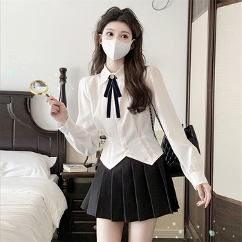 Fehér ing női szűk derekú design sense niche rövid ing hosszú ujjú felső karcsúsított szabású jk egyenruha