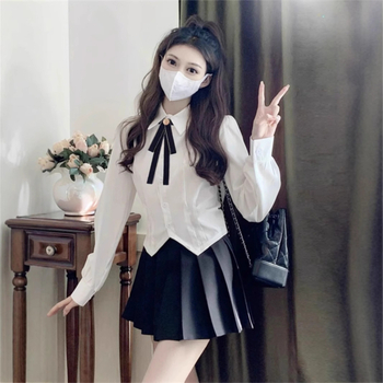 Λευκό Γυναικείο Πουκάμισο με Στενή Μέση Design Sense Niche Κοντό Πουκάμισο με Μακρυμάνικο Μπλούζα Στενή Εφαρμογή JK Uniform Ολόσωμο Κοστούμι