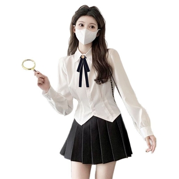 Λευκό Γυναικείο Πουκάμισο με Στενή Μέση Design Sense Niche Κοντό Πουκάμισο με Μακρυμάνικο Μπλούζα Στενή Εφαρμογή JK Uniform Ολόσωμο Κοστούμι