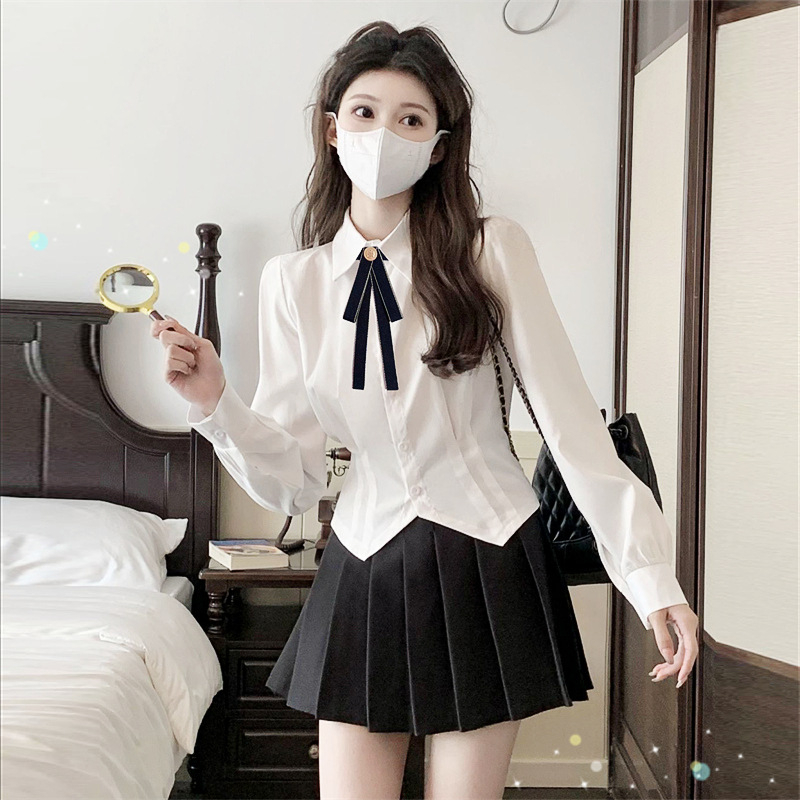 Fehér ing női szűk derekú design sense niche rövid ing hosszú ujjú felső karcsúsított szabású jk egyenruha