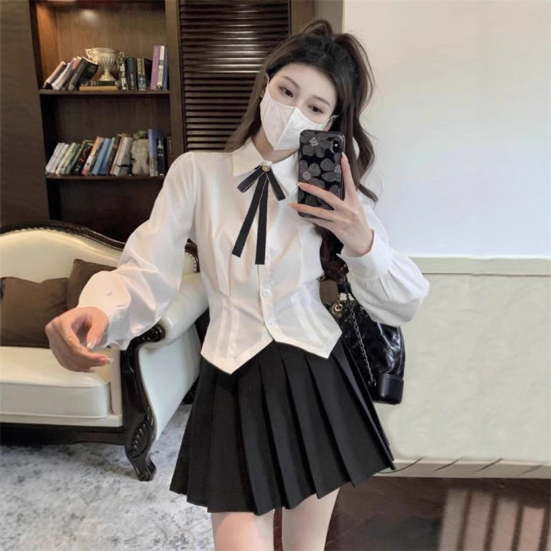 Fehér ing női szűk derekú design sense niche rövid ing hosszú ujjú felső karcsúsított szabású jk egyenruha