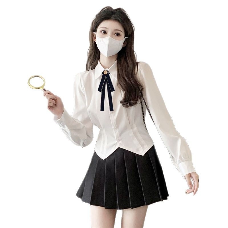 Fehér ing női szűk derekú design sense niche rövid ing hosszú ujjú felső karcsúsított szabású jk egyenruha