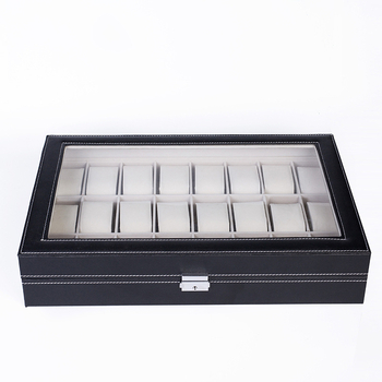 24 bitų juodos spalvos PU odos laikrodžių dėžutė, pritaikyta daiktų laikymo dėžutei, pritaikyta aksominei permatomai vitrinai, didmeninė prekyba papuošalų dėžutėmis, apdorojimas