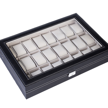 24 bitų juodos spalvos PU odos laikrodžių dėžutė, pritaikyta daiktų laikymo dėžutei, pritaikyta aksominei permatomai vitrinai, didmeninė prekyba papuošalų dėžutėmis, apdorojimas