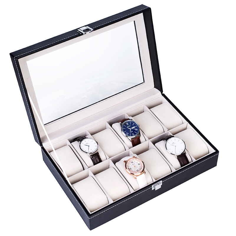 24 bitų juodos spalvos PU odos laikrodžių dėžutė, pritaikyta daiktų laikymo dėžutei, pritaikyta aksominei permatomai vitrinai, didmeninė prekyba papuošalų dėžutėmis, apdorojimas