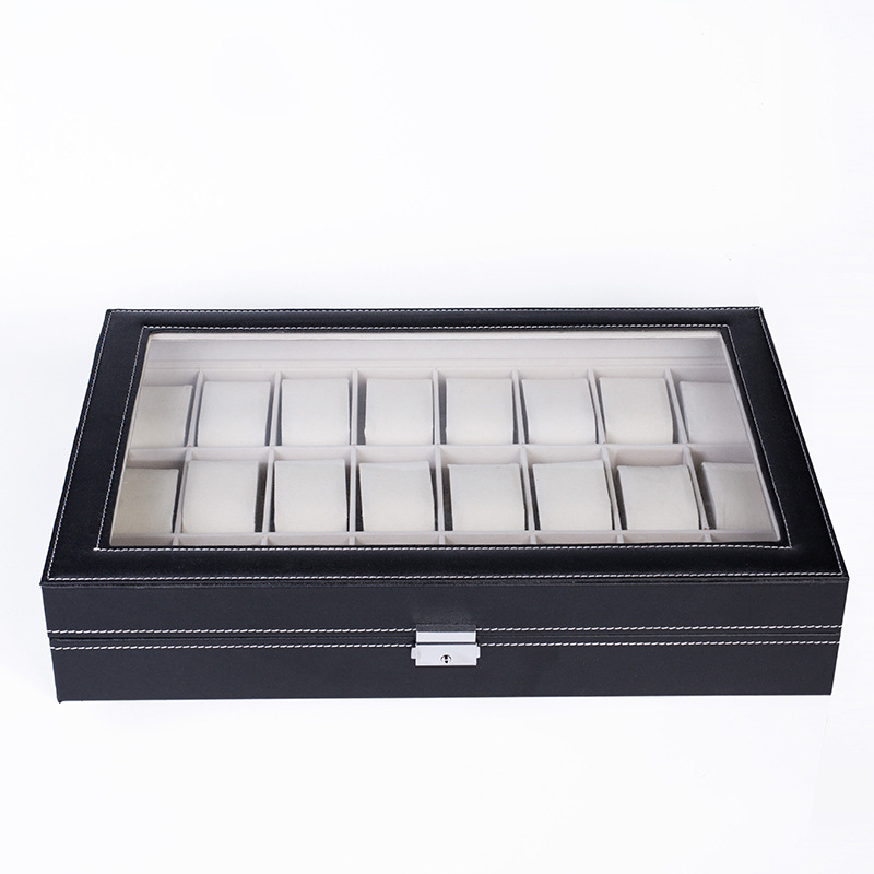 24 bitų juodos spalvos PU odos laikrodžių dėžutė, pritaikyta daiktų laikymo dėžutei, pritaikyta aksominei permatomai vitrinai, didmeninė prekyba papuošalų dėžutėmis, apdorojimas