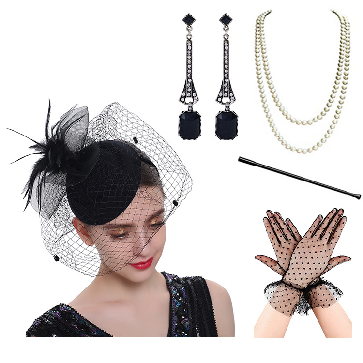 Európai és amerikai hajdíszek, menyasszony, toll, virág, hálós hajcsat, kis svájcisapka, ruha, cheongsam kiegészítők, kesztyű, nyaklánc szett