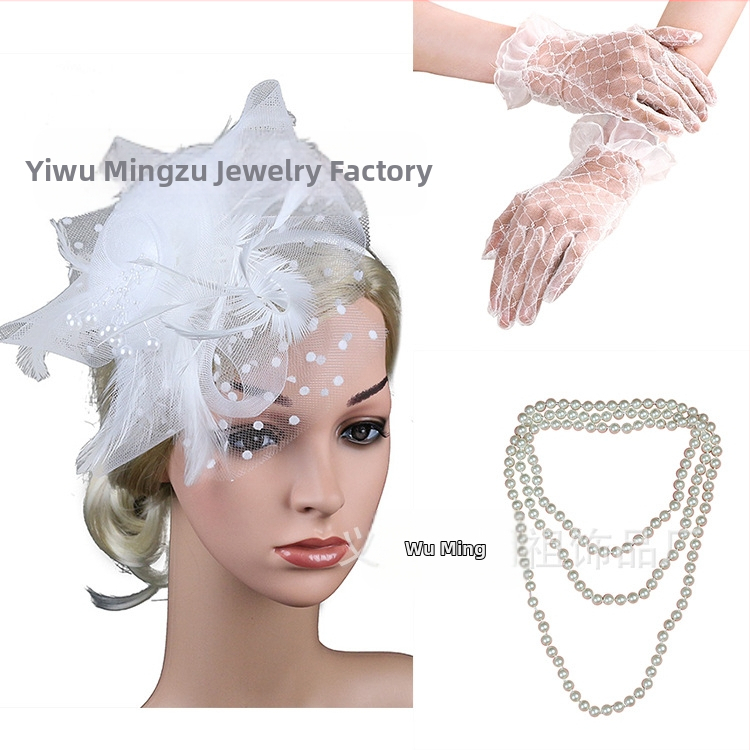 Európai és amerikai hajdíszek, menyasszony, toll, virág, hálós hajcsat, kis svájcisapka, ruha, cheongsam kiegészítők, kesztyű, nyaklánc szett