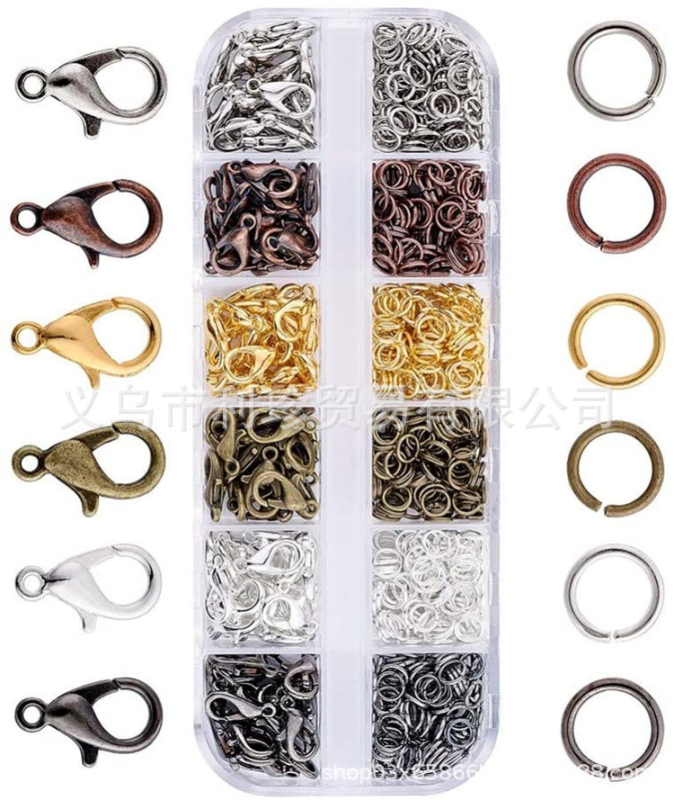 12 rácsos, barkács ékszerkombináció kiegészítőkkel, 12 mm-es delfinkapocs, 5 mm-es nyitott gyűrű, zárt gyűrű, ugrógyűrű, Amazon robbanások