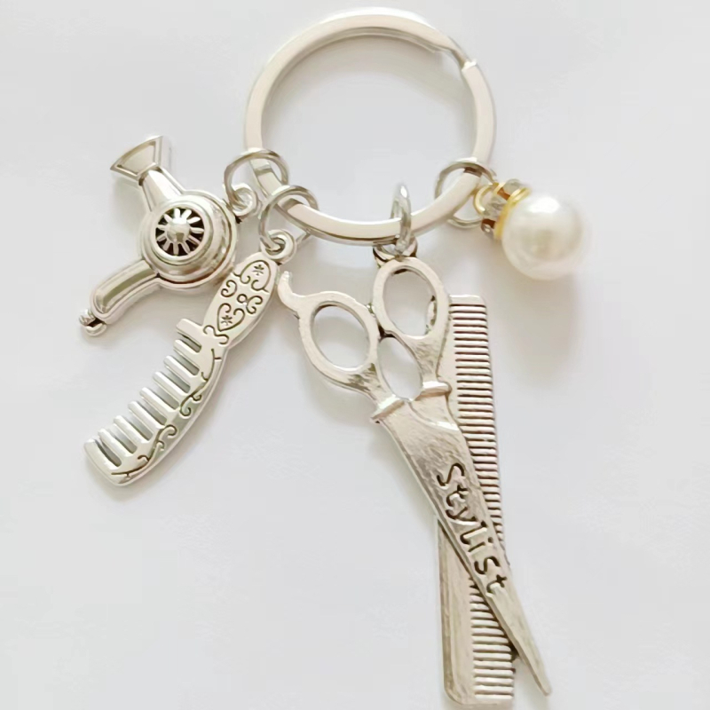Hajszárító olló fésű gyöngyök fodrász borbély eszköz kulcstartó gyönyörű díszek ajándék