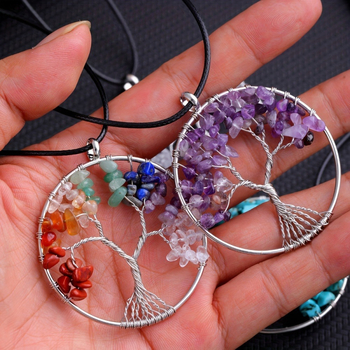 Φυσική πέτρα 7 χρωμάτων με κρύσταλλο, χαλίκι, δέντρο με χρήματα, κουρδιστό στο χέρι, μενταγιόν, δέντρο της ζωής, κοσμήματα