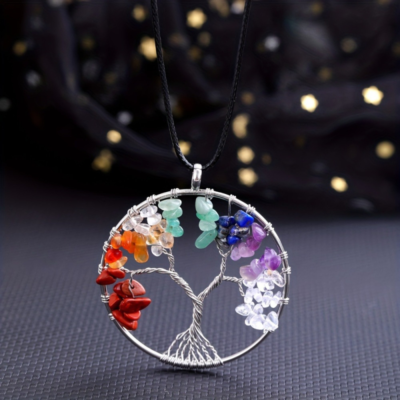 7 színű természetes kő kristály kavics pénzfa kézzel felhúzható életfa medál nyaklánc ékszer
