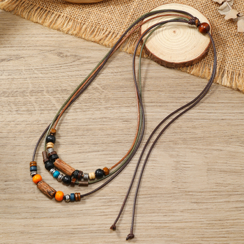 Κολιέ πανκ σε ρετρό καλλιτεχνικό στυλ, ξύλινες χάντρες από κράμα αλουμινίου πολλαπλών στρώσεων, χειροποίητο, με σχέδιο, κοσμήματα πολλαπλών στρώσεων