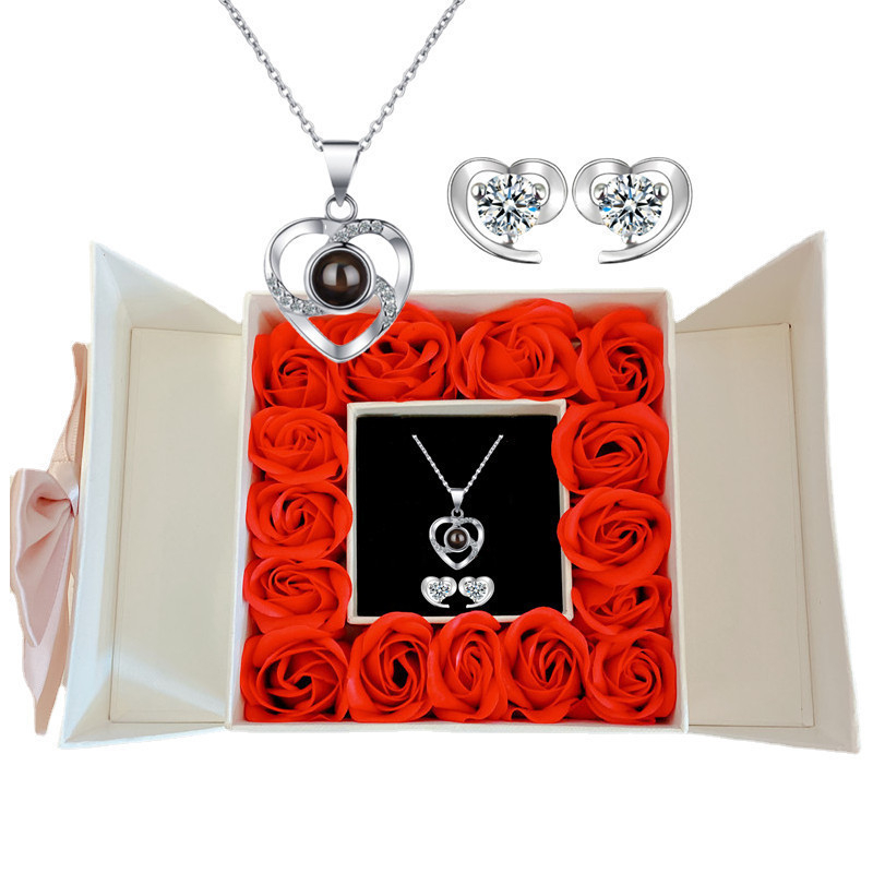 Amazoni jõulukink emadepäevaks sõbrapäevaks, 100 keelega projektsiooniga kaelakee ja kõrvarõngad, surematu lille kinkekarbis