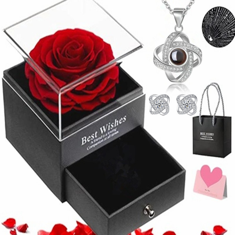 Cadou Amazon de Crăciun de Ziua Mamei de Ziua Îndrăgostiților, colier cu proiecție de 100 de limbi, cercei, cutie cadou cu flori nemuritoare