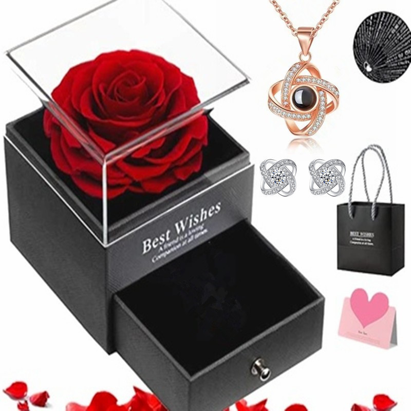 Cadou Amazon de Crăciun de Ziua Mamei de Ziua Îndrăgostiților, colier cu proiecție de 100 de limbi, cercei, cutie cadou cu flori nemuritoare