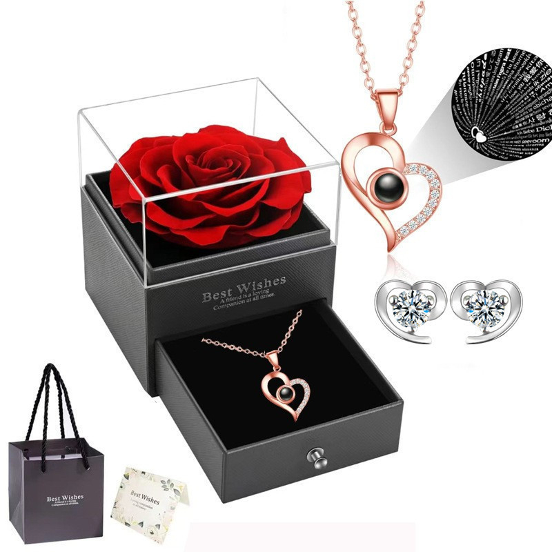 Cadou Amazon de Crăciun de Ziua Mamei de Ziua Îndrăgostiților, colier cu proiecție de 100 de limbi, cercei, cutie cadou cu flori nemuritoare