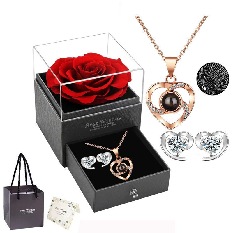 Cadou Amazon de Crăciun de Ziua Mamei de Ziua Îndrăgostiților, colier cu proiecție de 100 de limbi, cercei, cutie cadou cu flori nemuritoare