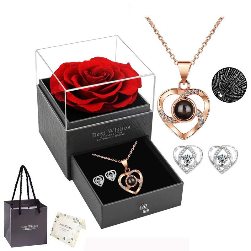 Cadou Amazon de Crăciun de Ziua Mamei de Ziua Îndrăgostiților, colier cu proiecție de 100 de limbi, cercei, cutie cadou cu flori nemuritoare