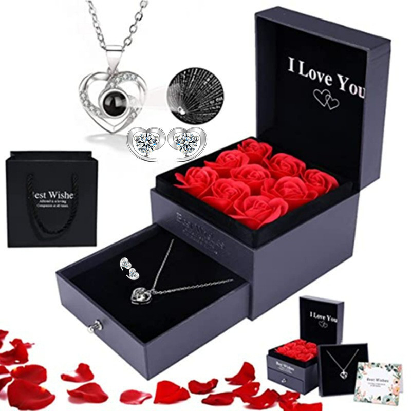 Cadou Amazon de Crăciun de Ziua Mamei de Ziua Îndrăgostiților, colier cu proiecție de 100 de limbi, cercei, cutie cadou cu flori nemuritoare