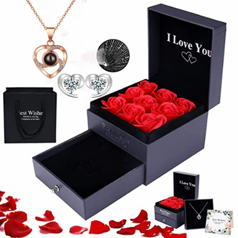 Cadou Amazon de Crăciun de Ziua Mamei de Ziua Îndrăgostiților, colier cu proiecție de 100 de limbi, cercei, cutie cadou cu flori nemuritoare