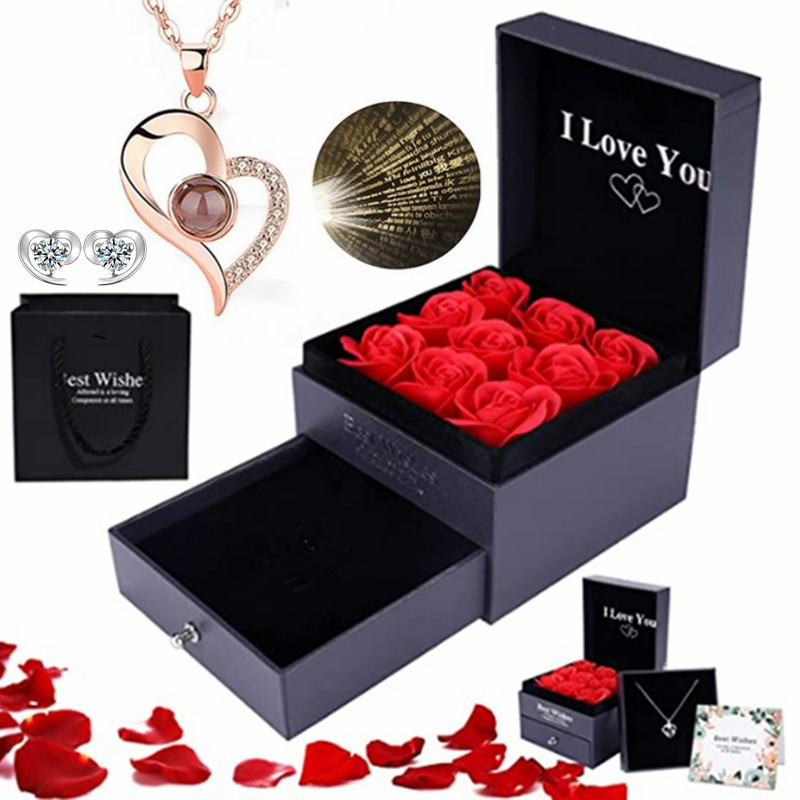 Cadou Amazon de Crăciun de Ziua Mamei de Ziua Îndrăgostiților, colier cu proiecție de 100 de limbi, cercei, cutie cadou cu flori nemuritoare