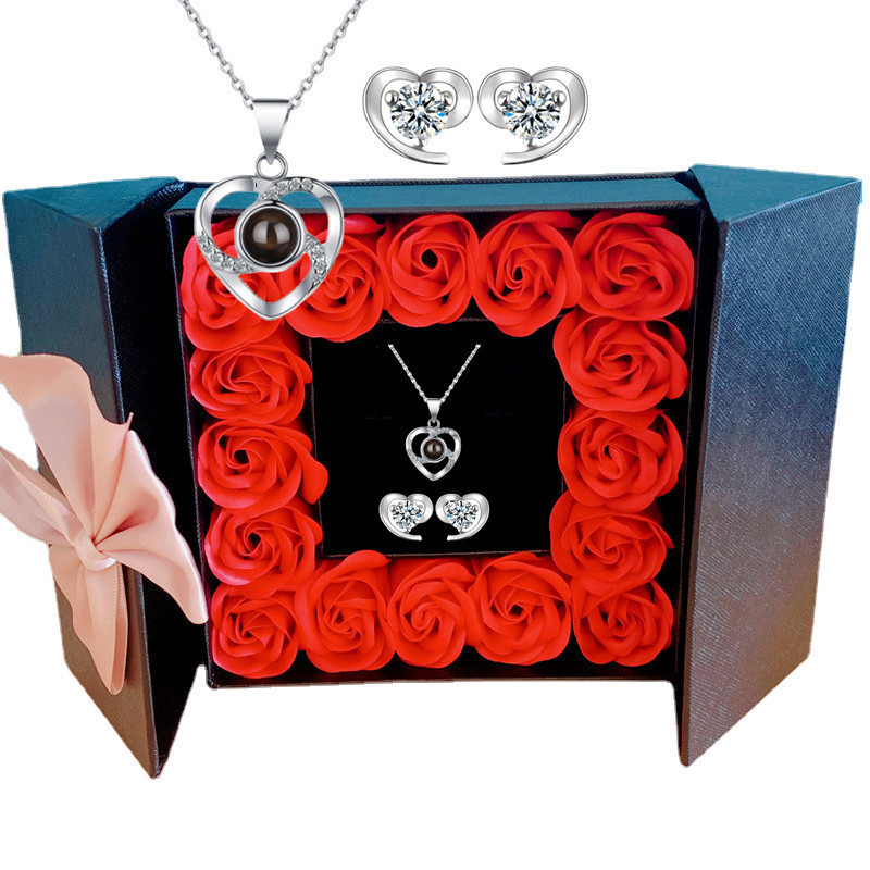 Cadou Amazon de Crăciun de Ziua Mamei de Ziua Îndrăgostiților, colier cu proiecție de 100 de limbi, cercei, cutie cadou cu flori nemuritoare