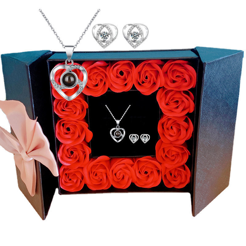 Cadou Amazon de Crăciun de Ziua Mamei de Ziua Îndrăgostiților, colier cu proiecție de 100 de limbi, cercei, cutie cadou cu flori nemuritoare