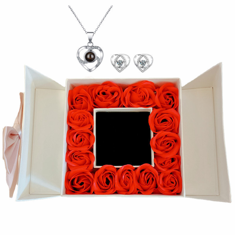 Cadou Amazon de Crăciun de Ziua Mamei de Ziua Îndrăgostiților, colier cu proiecție de 100 de limbi, cercei, cutie cadou cu flori nemuritoare