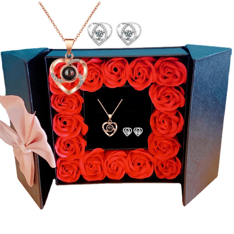 Cadou Amazon de Crăciun de Ziua Mamei de Ziua Îndrăgostiților, colier cu proiecție de 100 de limbi, cercei, cutie cadou cu flori nemuritoare