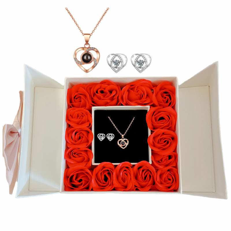 Cadou Amazon de Crăciun de Ziua Mamei de Ziua Îndrăgostiților, colier cu proiecție de 100 de limbi, cercei, cutie cadou cu flori nemuritoare