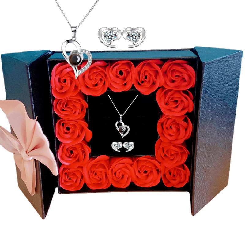 Cadou Amazon de Crăciun de Ziua Mamei de Ziua Îndrăgostiților, colier cu proiecție de 100 de limbi, cercei, cutie cadou cu flori nemuritoare