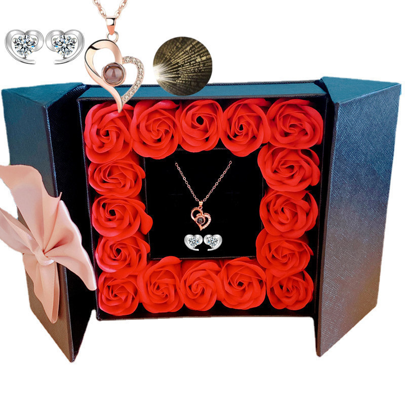 Cadou Amazon de Crăciun de Ziua Mamei de Ziua Îndrăgostiților, colier cu proiecție de 100 de limbi, cercei, cutie cadou cu flori nemuritoare