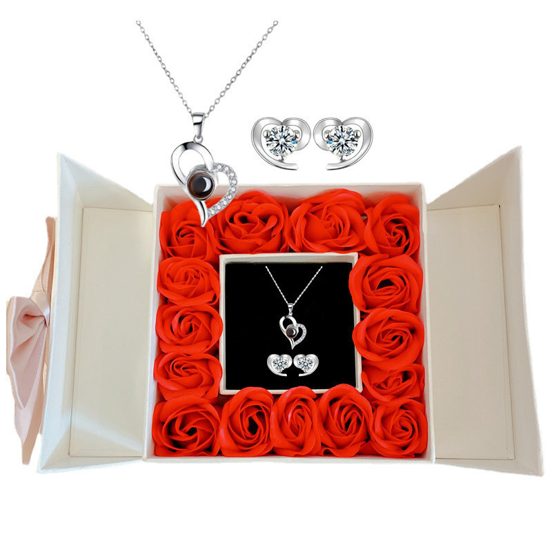 Cadou Amazon de Crăciun de Ziua Mamei de Ziua Îndrăgostiților, colier cu proiecție de 100 de limbi, cercei, cutie cadou cu flori nemuritoare